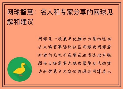 网球智慧：名人和专家分享的网球见解和建议